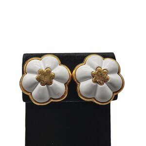 Vendome Domed Screwback Clip On Earrings Vintage White Enamel Gold Plated Floral